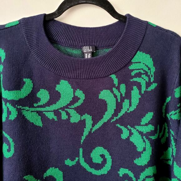 GILI Women Floral Sweater Jumper 2X Navy Blue Green Preppy Twee Classic NEW - Picture 3 of 11